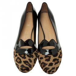 Pre Owned Charlotte Olympia Leopard Pony Hair and Patent Kiss Me Darcy Ballet Flats Size 41