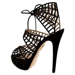 Charlotte Olympia Black Suede Caught in Charlotte’s Web Platform Sandals Size 38