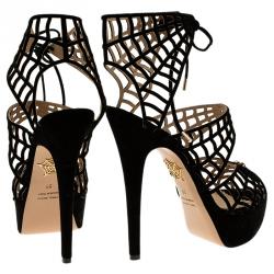 Charlotte Olympia Black Suede Caught in Charlotte’s Web Platform Sandals Size 38