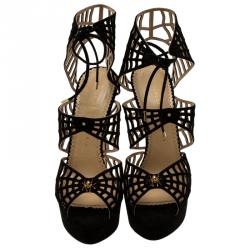 Charlotte Olympia Black Suede Caught in Charlotte’s Web Platform Sandals Size 38