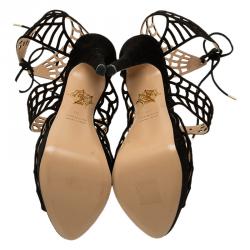 Charlotte Olympia Black Suede Caught in Charlotte’s Web Platform Sandals Size 38