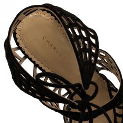 Charlotte Olympia Black Suede Caught in Charlotte’s Web Platform Sandals Size 38