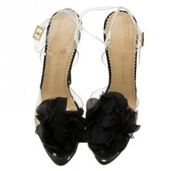 Charlotte Olympia Black Satin and PVC Marylin Slingback Platform Sandals Size 37 