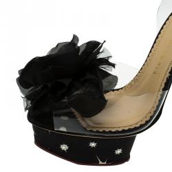 Charlotte Olympia Black Satin and PVC Marylin Slingback Platform Sandals Size 37 