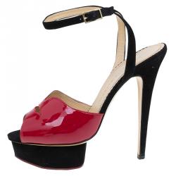Pre Owned Charlotte Olympia Red Patent Kiss Me Ankle Strap Platform Sandals Size 39.5