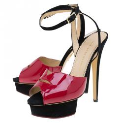Pre Owned Charlotte Olympia Red Patent Kiss Me Ankle Strap Platform Sandals Size 39.5