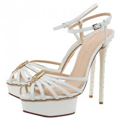 Charlotte Olympia Cream Studded Leather Ankle Strap Platform Sandals Size 41