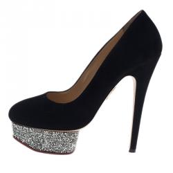 Pre Owned Charlotte Olympia Black Suede Dolly Platform Pumps Size 37
