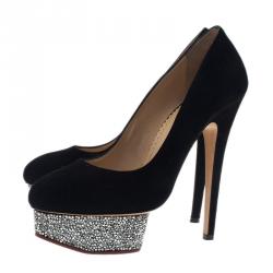 Pre Owned Charlotte Olympia Black Suede Dolly Platform Pumps Size 37