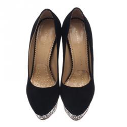 Pre Owned Charlotte Olympia Black Suede Dolly Platform Pumps Size 37
