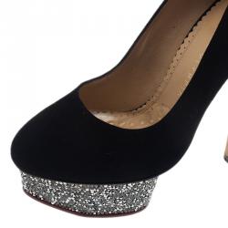 Pre Owned Charlotte Olympia Black Suede Dolly Platform Pumps Size 37