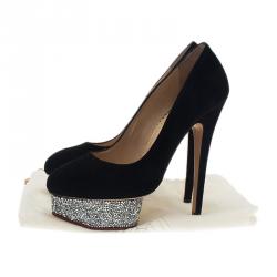Pre Owned Charlotte Olympia Black Suede Dolly Platform Pumps Size 37
