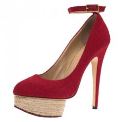 Pre Owned Charlotte Olympia Red Canvas Dolores Ankle Strap Platform Pumps Size 39