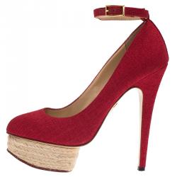 Pre Owned Charlotte Olympia Red Canvas Dolores Ankle Strap Platform Pumps Size 39