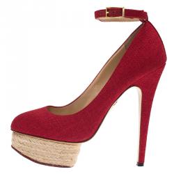 Pre Owned Charlotte Olympia Red Canvas Dolores Ankle Strap Platform Pumps Size 39