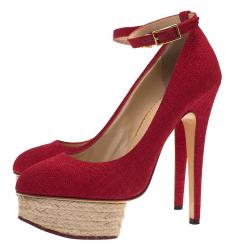 Pre Owned Charlotte Olympia Red Canvas Dolores Ankle Strap Platform Pumps Size 39