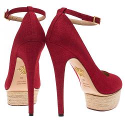 Pre Owned Charlotte Olympia Red Canvas Dolores Ankle Strap Platform Pumps Size 39