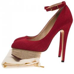 Pre Owned Charlotte Olympia Red Canvas Dolores Ankle Strap Platform Pumps Size 39