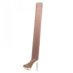 Pre Owned Charlotte Olympia Beige Glitter Jersey More Is More Thigh High Platform Boots Size 38