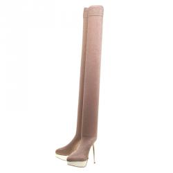 Pre Owned Charlotte Olympia Beige Glitter Jersey More Is More Thigh High Platform Boots Size 38