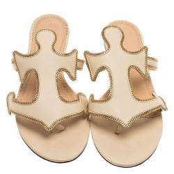 Pre Owned Charlotte Olympia Beige Leather Atlantic Flat Sandals Size 39
