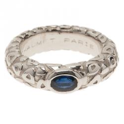 Chaumet Blue Sapphire Embossed White Gold Band Ring Size 54.5