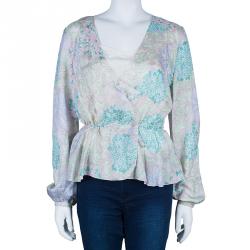 Pre Owned بلوزة كلوي حرير طباعة ألوان فاتحة بأكمام طويلة L