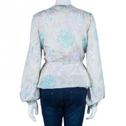 Pre Owned بلوزة كلوي حرير طباعة ألوان فاتحة بأكمام طويلة L