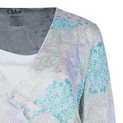 Pre Owned بلوزة كلوي حرير طباعة ألوان فاتحة بأكمام طويلة L