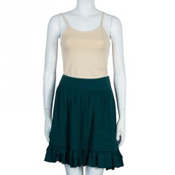 Pre Owned تنورة كلوي حرير خضراء بحافة مكشكشة M