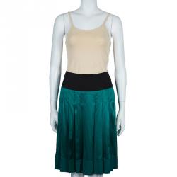 Pre Owned Chloe Green Contrast Waistband Pleated Silk Skirt M