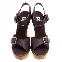 Pre Owned Chloe 60th Anniversary Brown Leather Heritage Wooden Wedge Sandals Size 40