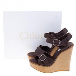 Pre Owned Chloe 60th Anniversary Brown Leather Heritage Wooden Wedge Sandals Size 40
