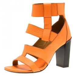Pre Owned Chloe Fluorescent Orange Leather Block Heel Sandals Size 36.5