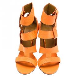 Pre Owned Chloe Fluorescent Orange Leather Block Heel Sandals Size 36.5