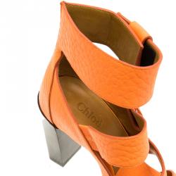 Pre Owned Chloe Fluorescent Orange Leather Block Heel Sandals Size 36.5