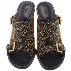 Pre Owned صندل سلايد كلوي مرصع بإبزيم جلد أسود مقاس 39