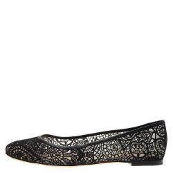 Pre Owned Chloe Black Lace and Leather Ballet Flats Size 39.5
