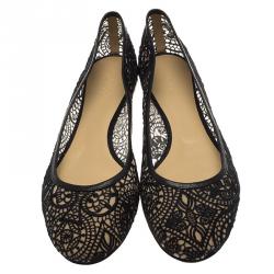 Pre Owned Chloe Black Lace and Leather Ballet Flats Size 39.5