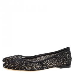 Pre Owned Chloe Black Lace and Leather Ballet Flats Size 39.5
