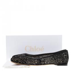 Pre Owned Chloe Black Lace and Leather Ballet Flats Size 39.5