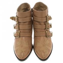 Pre Owned Chloe Beige Studded Leather Suzanna Ankle Boots Size 38
