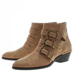 Pre Owned Chloe Beige Studded Leather Suzanna Ankle Boots Size 38