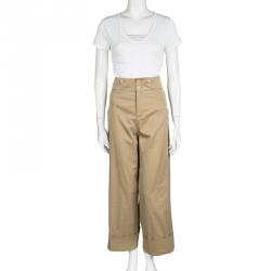 Pre Owned Chloe Khaki Cotton High Waist Wide Leg Baggy Pants L