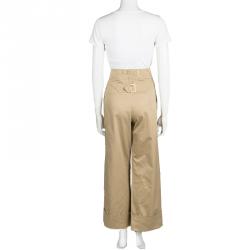 Pre Owned Chloe Khaki Cotton High Waist Wide Leg Baggy Pants L