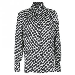 Chloe Monochrome Bird Print Silk Neck Tie Detail Blouse M 