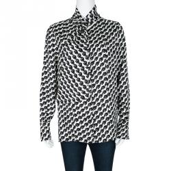 Chloe Monochrome Bird Print Silk Neck Tie Detail Blouse M 