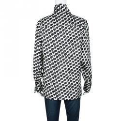 Chloe Monochrome Bird Print Silk Neck Tie Detail Blouse M 