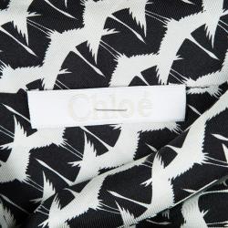 Chloe Monochrome Bird Print Silk Neck Tie Detail Blouse M 
