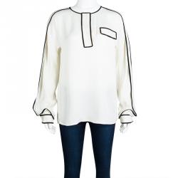 Chloe Cream Contrast Trim Long Sleeve Blouse M
